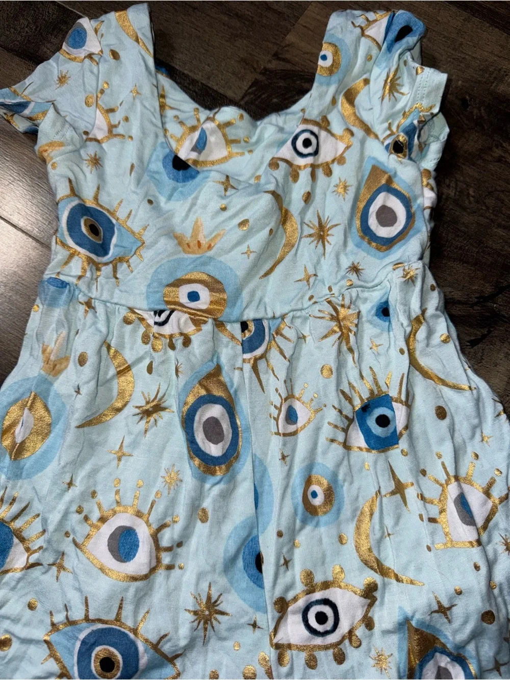 Posh Peanut Fiona Blue Evil Eye Wide Leg Romper 2T Gold Foil Moon Ruffle
